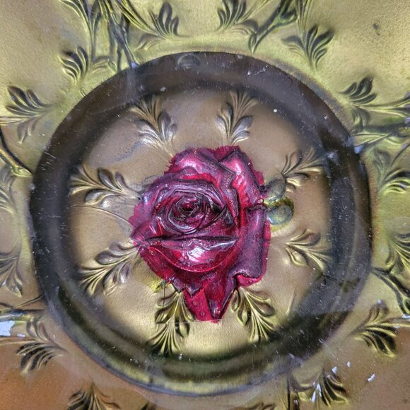 Elegant Vintage Embossed Glass Bowl With Red Roses & Scalloped Edge - Picture 10 of 11